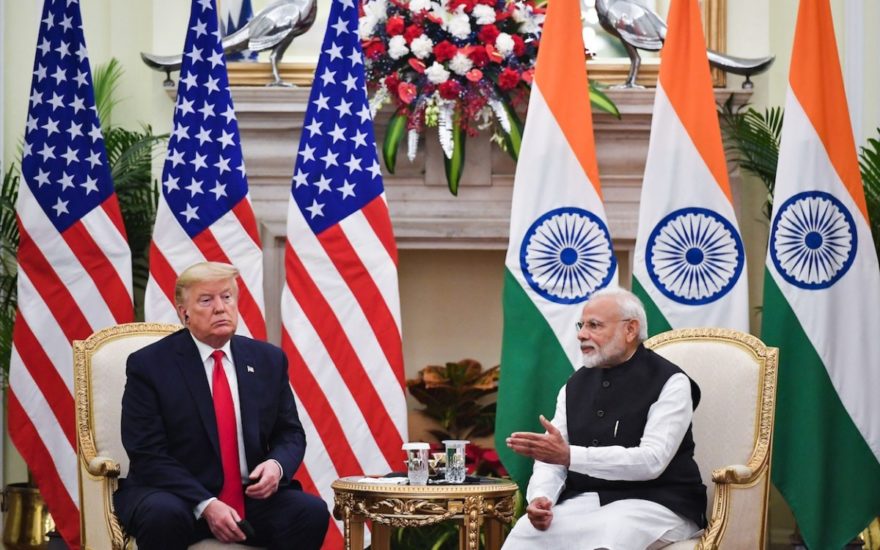 India's Prime Minister Narendra Modi (R) speaks during a meeting with US President Donald Trump at Hyderabad House in New Delhi on February 25, 2020. (Photo by Mandel NGAN / AFP)