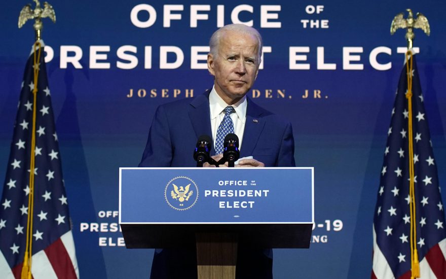 President-elect Joe Biden speaks Monday, Nov. 9, 2020, at The Queen theater in Wilmington, Del. (AP Photo/Carolyn Kaster)